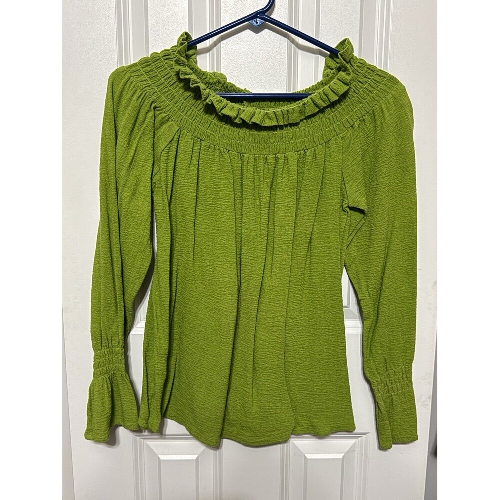 Vintage Newport News S Green Peasant Blouse Top Ruffle Neck Long Bell Sleeve
